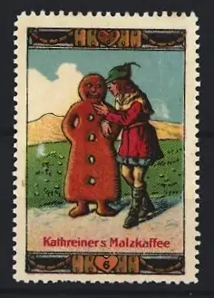 Reklamemarke Kathreiner`s Malzkaffee, Bursche nascht vom Lebkuchenmann im Schlaraffenland
