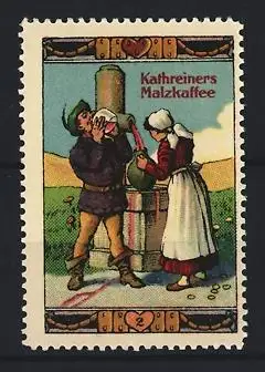 Reklamemarke Kathreiners Malzkaffee, Paar trinkt Wein aus Brunnen im Schlaraffenland