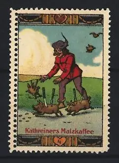 Reklamemarke Kathreiners Malzkaffee, Mann mit gebratenen Schweinen im Schlaraffenland