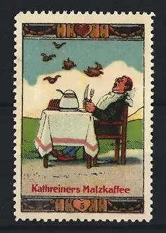 Reklamemarke Kathreiners Malzkaffee, Fliegende gebratene Vögel im Schlaraffenland
