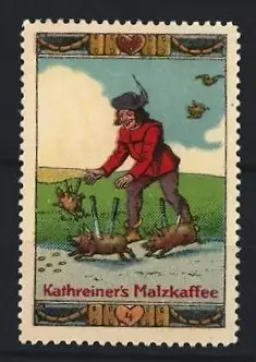 Reklamemarke Kathreiner`s Malzkaffee, Mann jagt gebratene Ferkel im Schlaraffenland