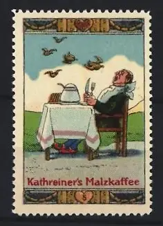 Reklamemarke Kathreiner`s Malzkaffee, gebratene Vögel fliegen einem direkt in den Mund im Schlaraffenland