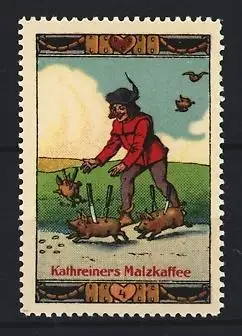 Reklamemarke Kathreiners Malzkaffee, gebratene Ferkel & Vögel im Schlaraffenland