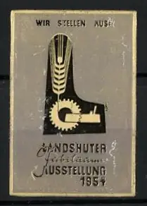 Reklamemarke Landshut, Jubiläumsausstellung 1954, Zahnrad und Getreide