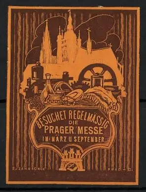 Reklamemarke Prag, Besuchet regelmässig die Prager Messe, Kathedrale und Industrieelemente