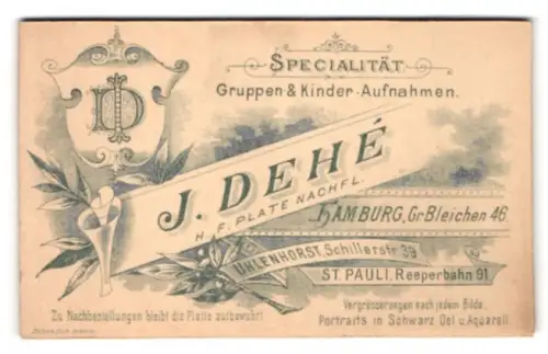 Fotografie J. Dehe, Hamburg, Gr. Bleichen 46, Initalien & Lorbeerzweige, Rückseitig Mädchen-Portrait