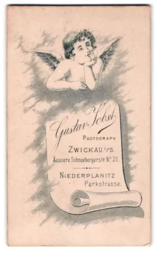 Fotografie Gustav Jobst, Zwickau i. S., Äussere Schneebergerstr. 20, Engel über Dokument, Rückseitig Bursche & Mädchen