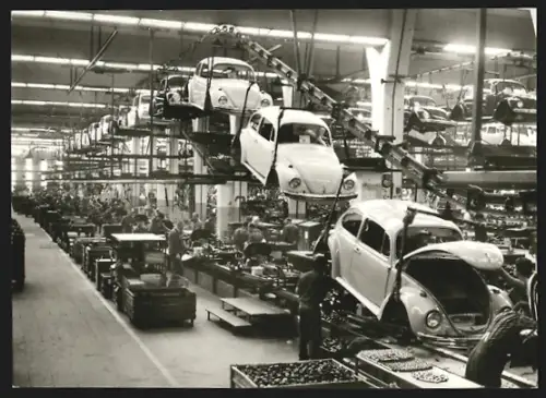 16 Fotografien VW-Werk Kassel, VW-Käfer vor dem Werk, Produktionsstrecke, VW-Bulli, Werks Innenansichten