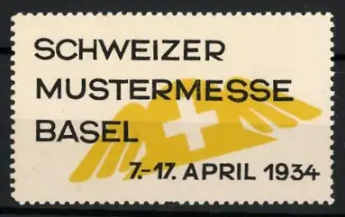 Reklamemarke Basel, Schweizer Mustermesse 1934, Schweizkreuz mit Flügeln