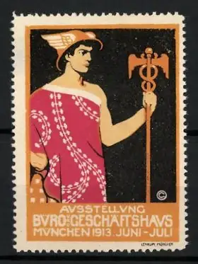 Reklamemarke München, Ausstellung Büro-Geschäftshaus 1913, Hermes mit Flügelhelm
