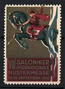 Reklamemarke Saloniker, Internationale Mustermesse 1933, Reiter auf Pferd