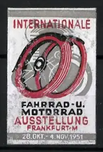 Reklamemarke Frankfurt-M, Internationale Fahrrad- u. Motorrad-Ausstellung 1951, Fahrradrad