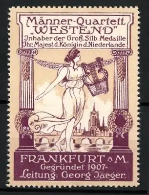 Reklamemarke Frankfurt a.M., Männer-Quartett Westend, Lyra und Ortsansicht