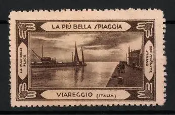 Reklamemarke Viareggio, La Piu Bella Spiaggia, Uferpartie mit Schiff