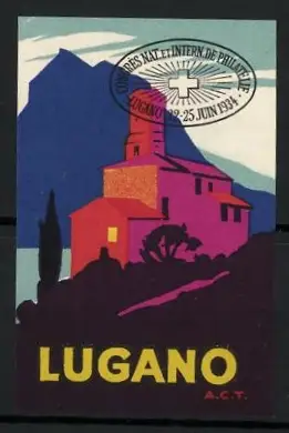 Reklamemarke Lugano, Congrès Nat. et Intern. de Philatélie 1934, Kirche und Berge