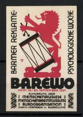 Reklamemarke Barmer, Ausstellung Menschenauslese, Menschenbeeinflussung, Büroorganisation 1927, Löwe mit Trommel