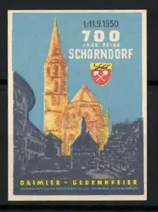 Reklamemarke Schorndorf, Daimler Gedenkfeier 1950, Kirche und Wappen