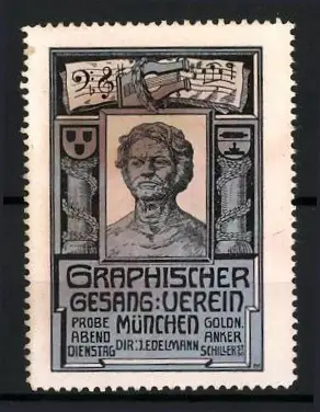 Reklamemarke München, Graphischer Gesang-Verein, Direktor J. Edelmann, Büste eines Mannes