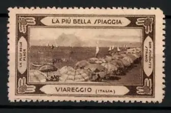 Reklamemarke Viareggio, La Più Bella Spiaggia, Strandansicht mit Sonnenschirmen