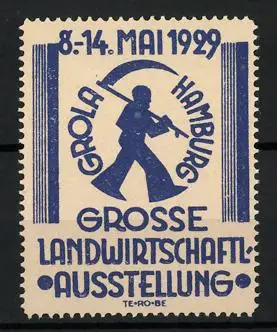Reklamemarke Hamburg, Grosse Landwirtschaftl. Ausstellung 1929, Figur mit Sense