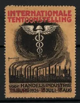 Reklamemarke Tilburg, Internationale Tentoonstelling 1924, Hermesstab und Industrieanlagen