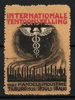 Reklamemarke Tilburg, Internationale Tentoonstelling 1924, Äskulapstab und Fabriken