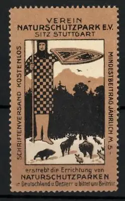 Reklamemarke Stuttgart, Verein Naturschutzpark e.V., Wächter mit Schild und Wildtiere
