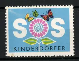 Reklamemarke SOS Kinderdörfer, Blume und Schmetterlinge