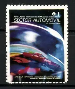 Reklamemarke Barcelona, Feria Oficiale Internacional de Muestras 1966, Auto auf Rennstrecke
