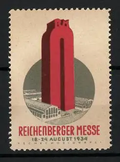 Reklamemarke Reichenberg, Reichenberger Messe 1934, roter Turm