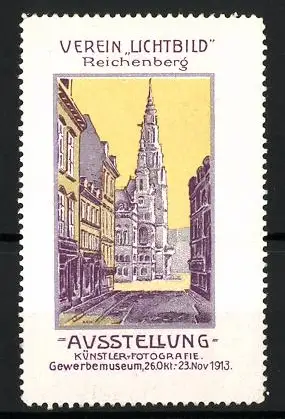 Reklamemarke Reichenberg, Ausstellung Künstlerfotografie 1913, Stadtszene mit Kirche