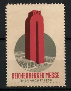 Reklamemarke Reichenberg, Reichenberger Messe 1934, roter Turm