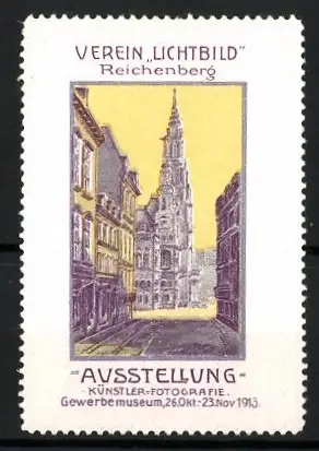 Reklamemarke Reichenberg, Verein Lichtbild, Ausstellung 1913, Strassenszene und Kirche