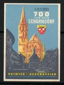 Reklamemarke Schorndorf, 700 Jahr Feier 1950, Kirche und Wappen