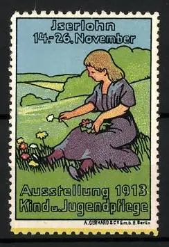 Reklamemarke Iserlohn, Ausstellung Kind u. Jugendpflege 1913, Mädchen auf Wiese