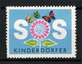 Reklamemarke SOS Kinderdörfer, Blume und Schmetterlinge