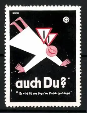 Reklamemarke Engel mit Strassenschild-Flügeln im Verkehrsgeschehen