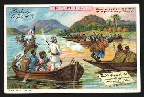 Sammelbild Liebig, Pioniere, Stanley auf dem Kongo