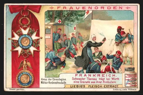 Sammelbild Liebig, Frauenorden, Frankreich, Schwester Theresa trägt bei Wörth eine Granate aus ihrer Ambulanz