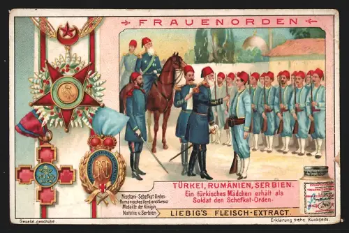 Sammelbild Liebig, Frauenorden, Türkei, Rumänien, Serbien, Türkisches Mädchene erhält einen Schefkat-Orden