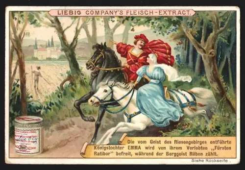 Sammelbild Liebig, Königstochter Emma wird von Fürst Ratibor befreit, während der Berggeist Rüben zählt