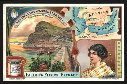 Sammelbild Liebig, Europäische Wasserstrassen, Strasse von Gibraltar, Landkarte