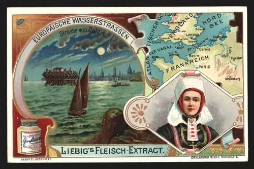 Sammelbild Liebig, Europäische Wasserstrassen, Strasse von Calais, Landkarte, Tracht