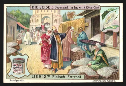 Sammelbild Liebig, Die Seide, Coconmarkt in Indien