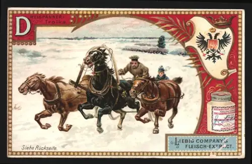 Sammelbild Liebig, Dreispänner, Troika im Schnee