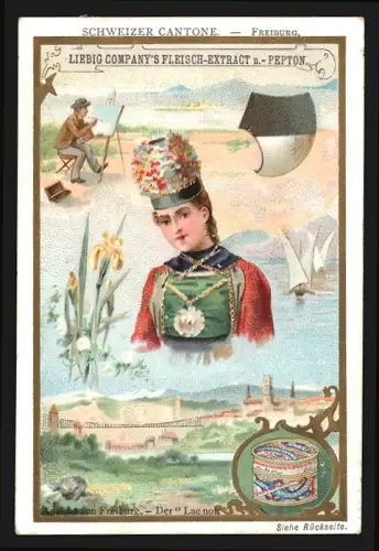 Sammelbild Liebig, Schweizer Cantone, Freiburg, Dame in Tracht