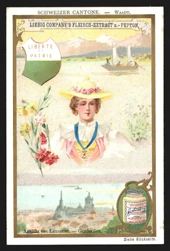 Sammelbild Liebig, Schweizer Kantone, Waadt, Dame in Tracht, Lausanne