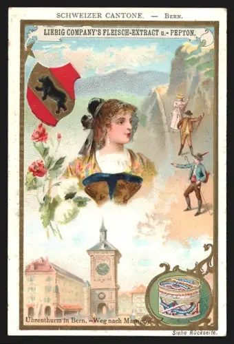 Sammelbild Liebig, Schweizer Kantone, Bern, Uhrenturm, Dame in Tracht