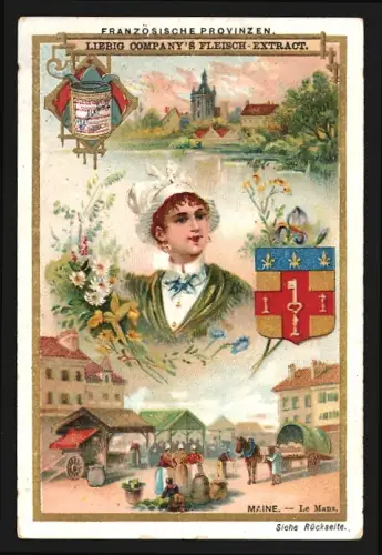 Sammelbild Liebig, Französische Provinzen, Maine, Wappen, Tracht