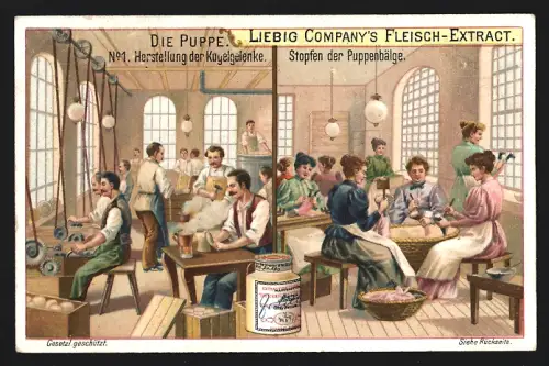 Sammelbild Liebig, Die Puppe, Herstellung der Kugelgelenke, Stopfen der Puppenbälge